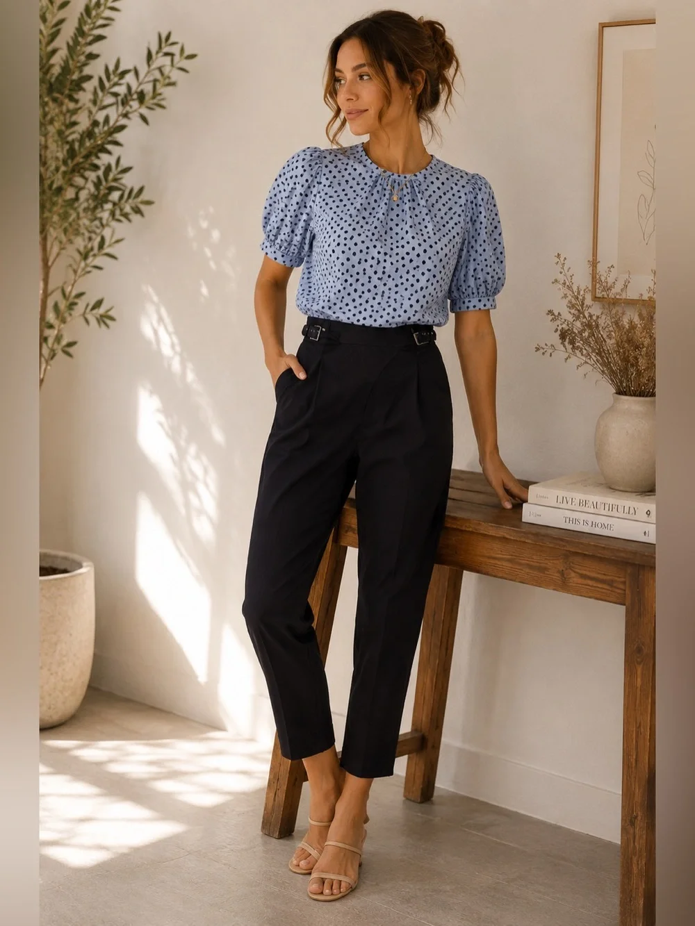 Ted Baker Alaiina Navy Blue Front Double Buckle Pleated Tapered Trouser Pants